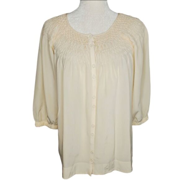 VINCE blouse cream ivory smocked neck silk 3/4 sleeve top S - Picture 1 of 7